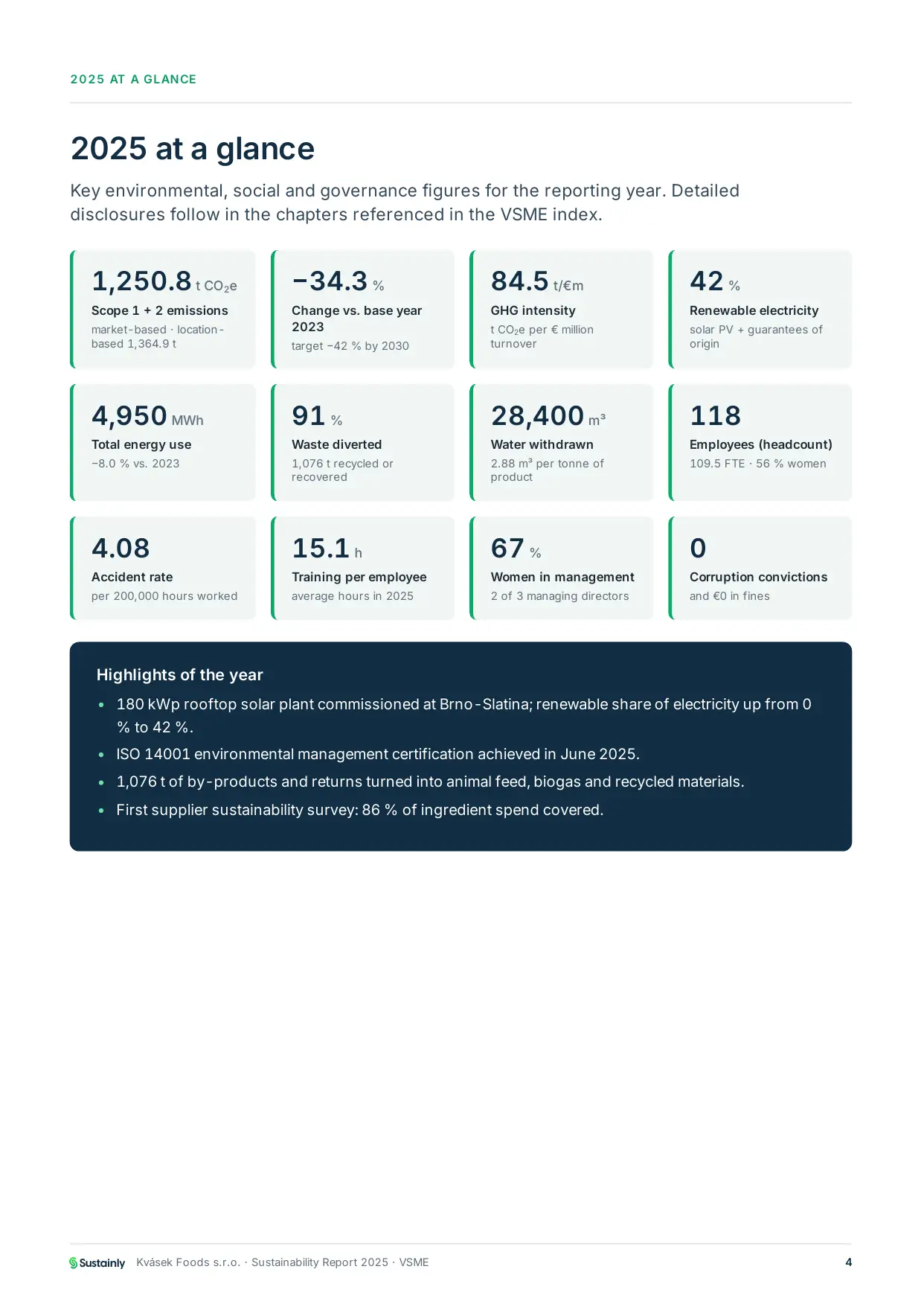 Sample VSME report page with the year’s environmental, social and governance figures