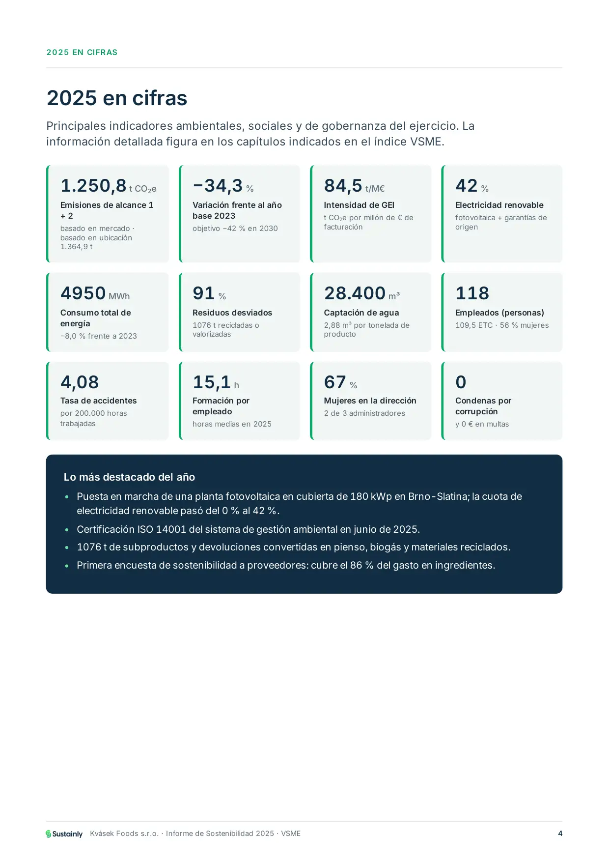 Página del informe VSME de muestra con las cifras ambientales, sociales y de gobernanza del año