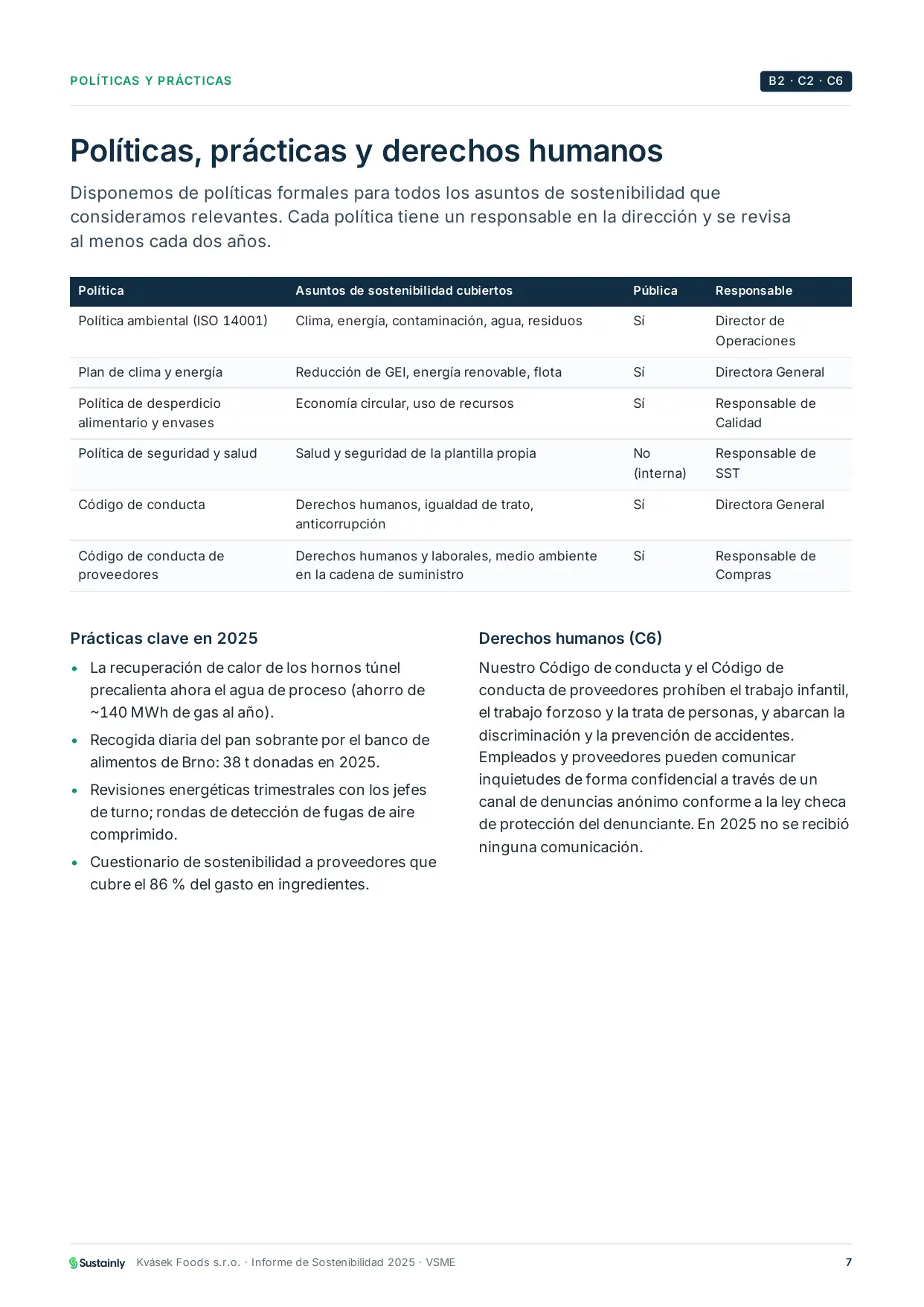 Página del informe VSME de muestra con las políticas y prácticas de sostenibilidad