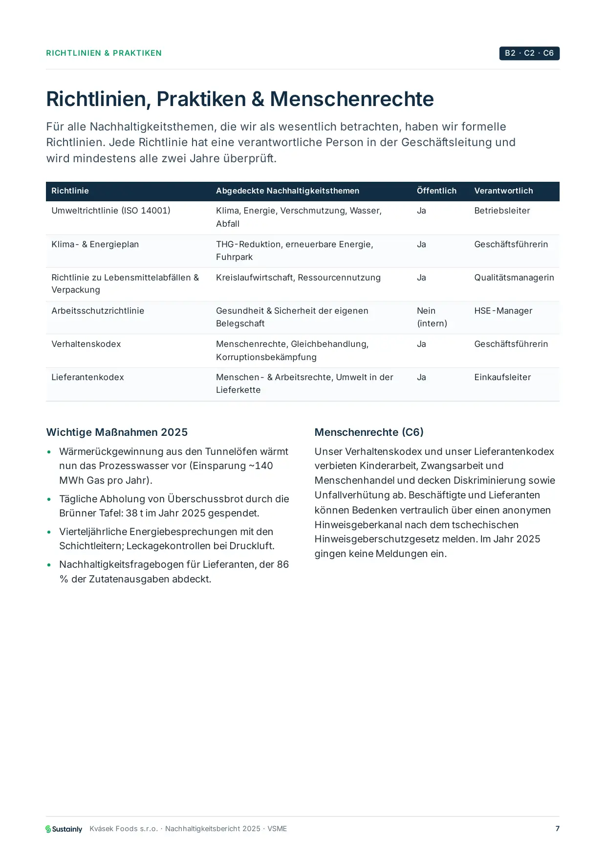 Seite des VSME-Musterberichts mit Nachhaltigkeitsrichtlinien und Praktiken